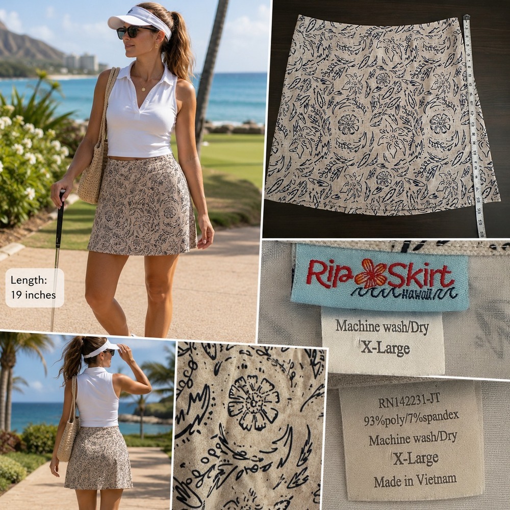 RIPSKIRT‎ Hawaii Floral Mini Skirt XL Adj Waist Travel Resort Boho 19 in length